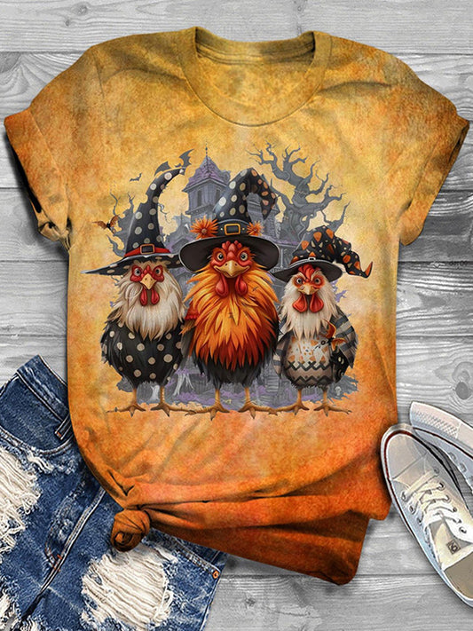 Halloween Roosters Printed Crew Neck Women's T-shirt