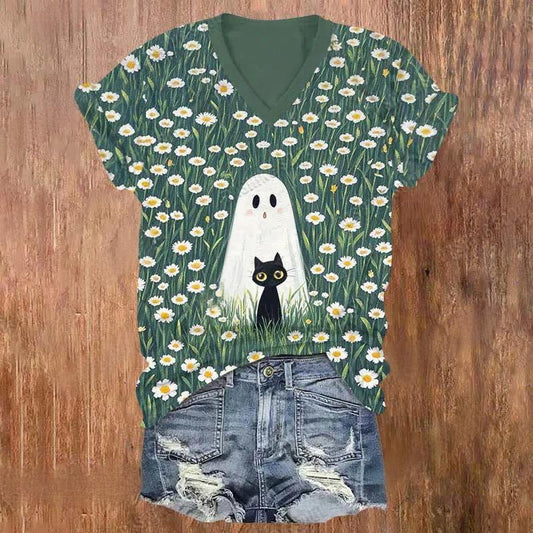Halloween Ghost And Cat Art Print V-neck T-Shirt