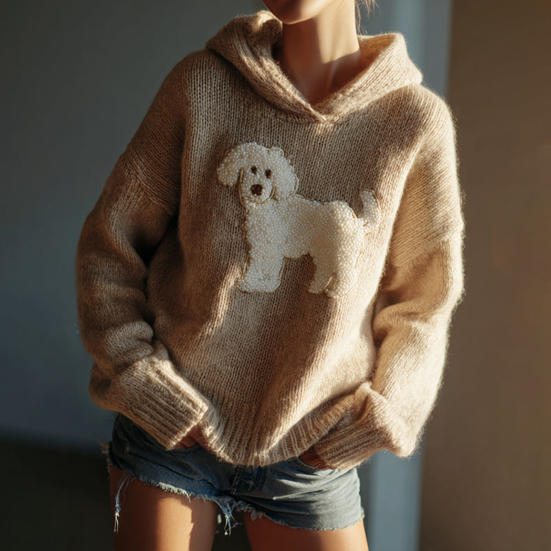 Classic Fuzzy Poodle Dog Felt Cozy Knit Hooded Sweater