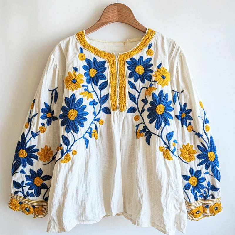 Ukrainian Ethnic Yellow And Blue Floral Embroidery Women's Linen Blouse