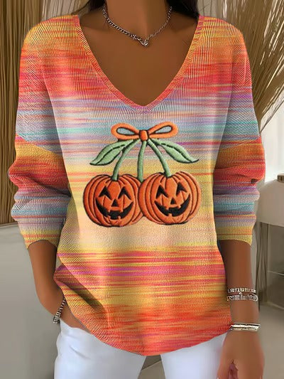 Women's Halloween Pumpkin Stripe Casual V Neck Pullover Sweater