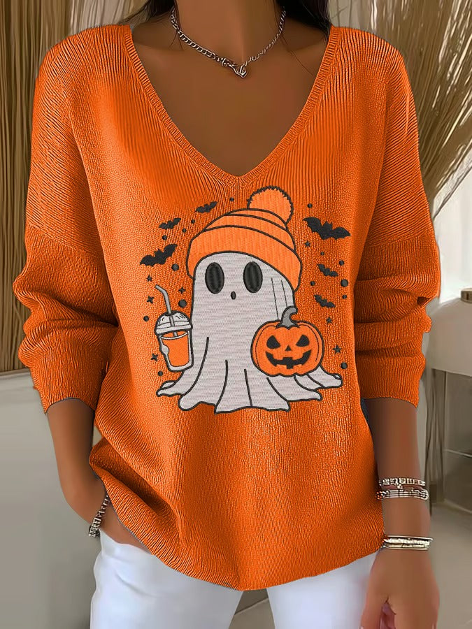 Women's Halloween Cute Ghost Casual V Neck Pullover Sweater