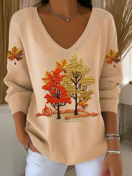 Women's Fall Maple Casual V Neck Pullover Sweater