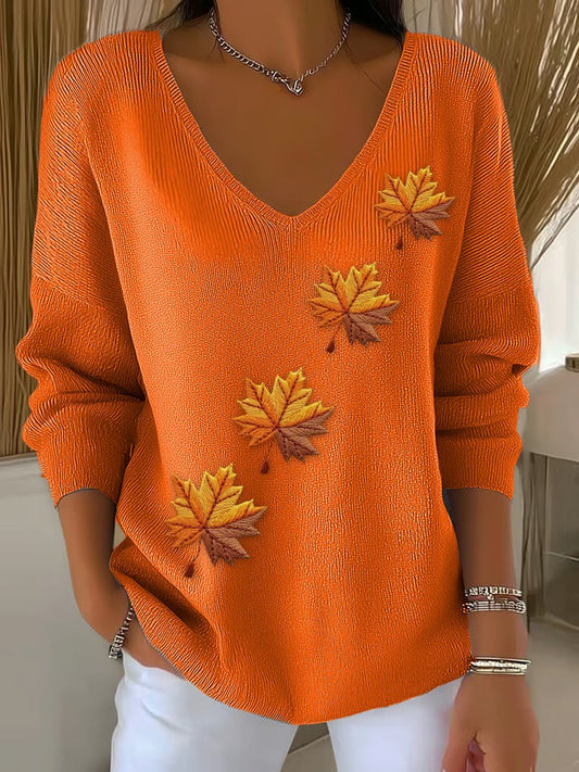 Women's Fall Maple Leaf Casual V Neck Pullover Sweater