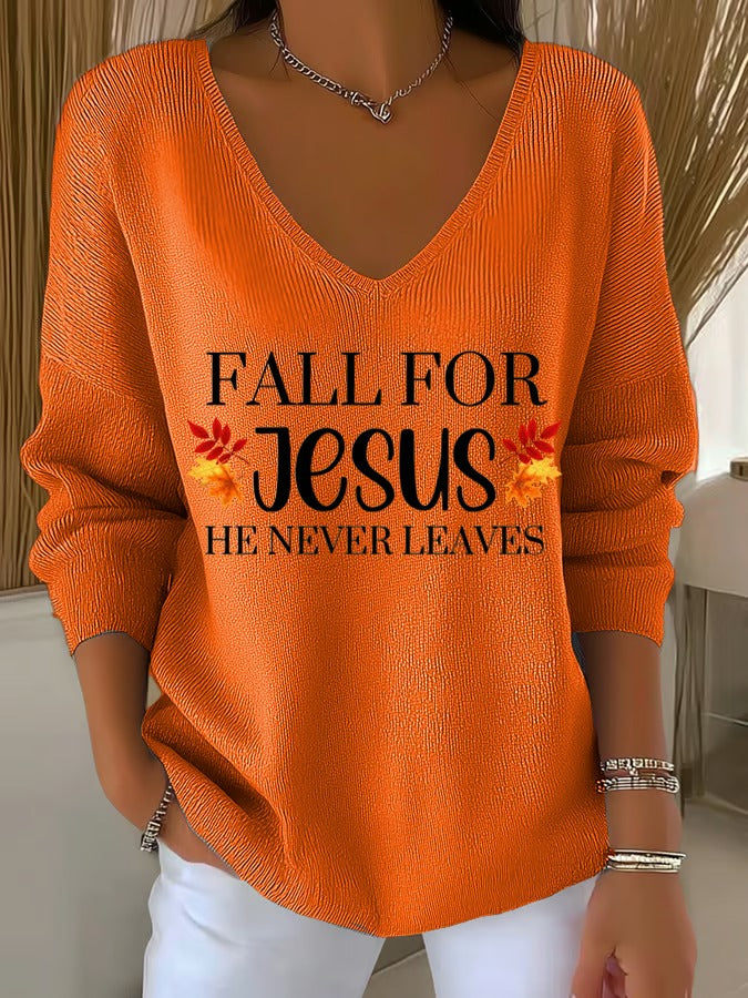 Fall For Jesus Casual V Neck Pullover Sweater
