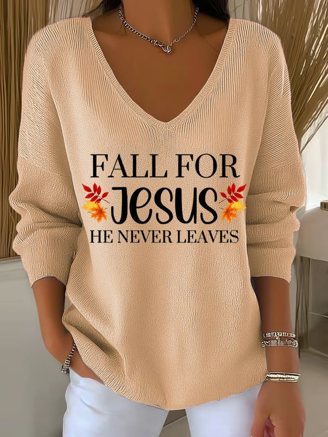 Fall For Jesus Casual V Neck Pullover Sweater