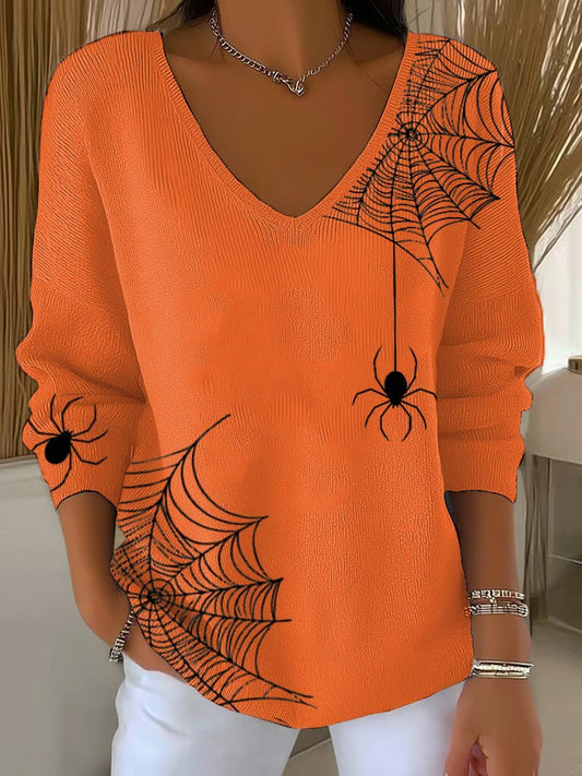 Women's Halloween Spider Web Casual V Neck Pullover Sweater