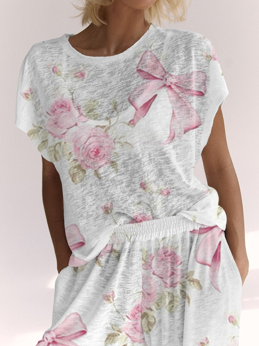 Ladies Pink Bow Flower Lounge Suit