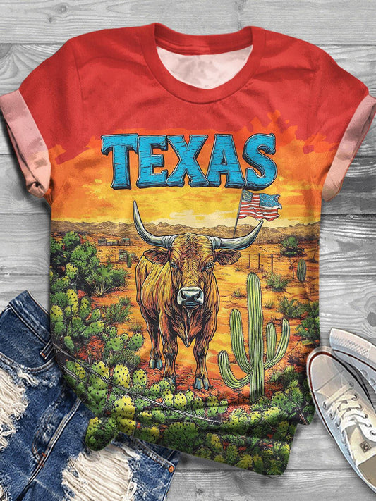 Vintage Western Texas Printed Crew Neck T-shirt