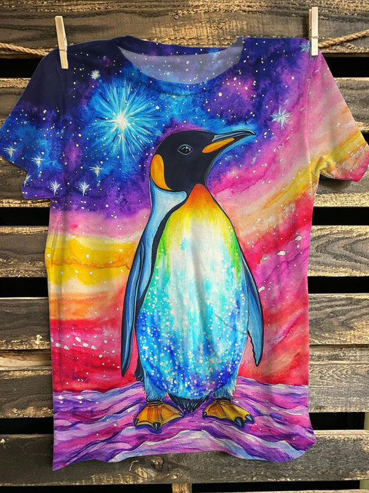 Retro Tie-Dye Starry Sky Penguin Crew Neck T-shirt