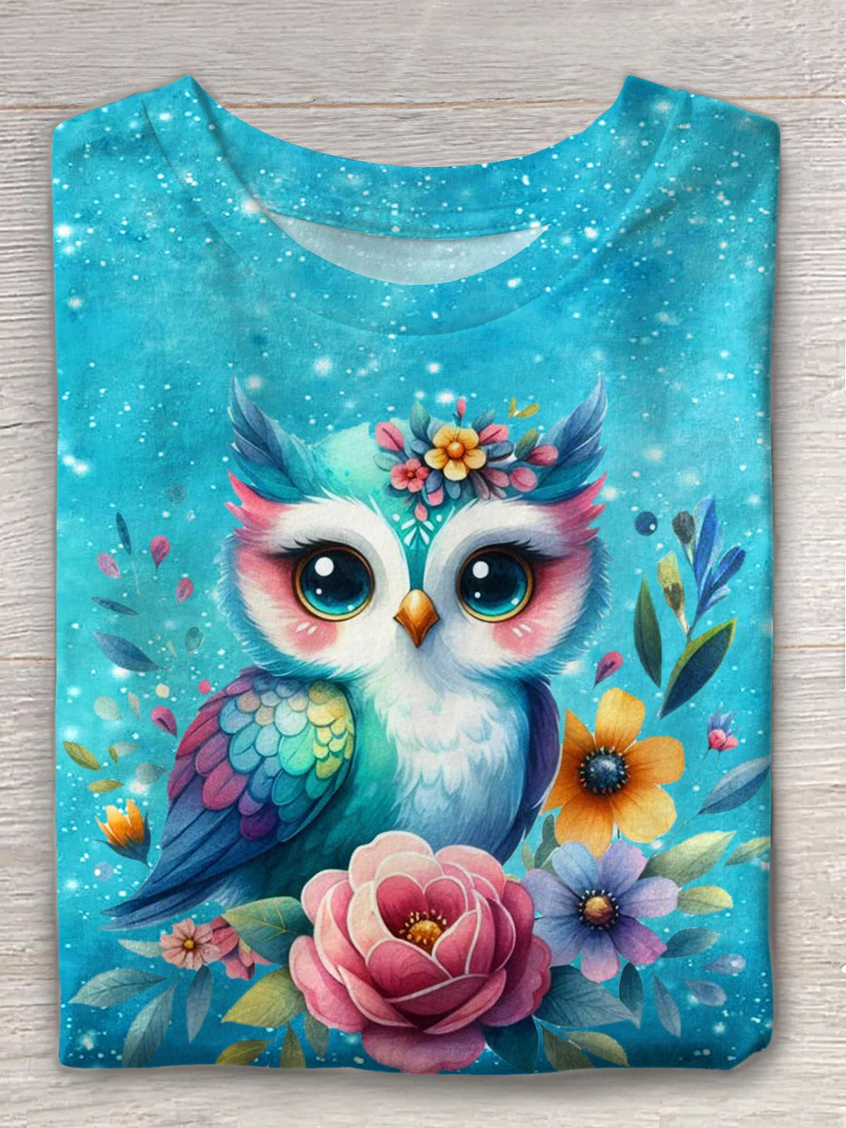 Cute Owl Flower Print Crew Neck T-shirt