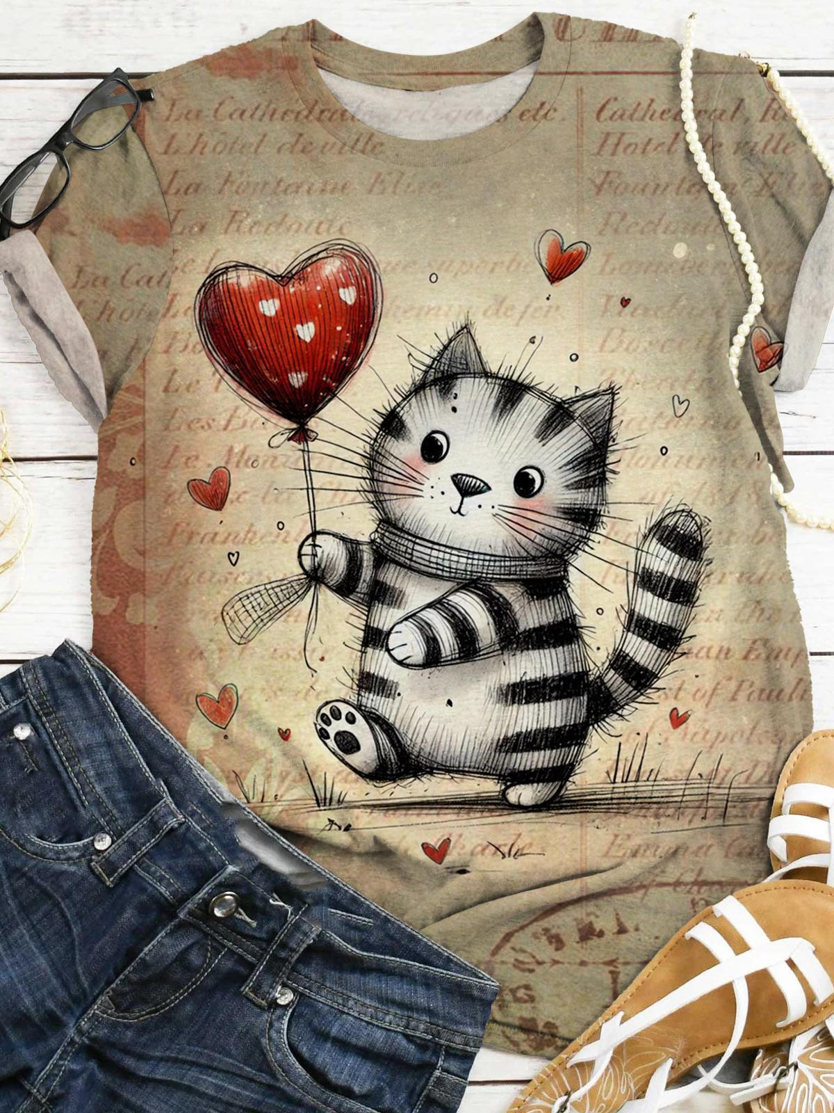 Women's Cute Cat Retro Valentine's Day Crew Neck T-shirt