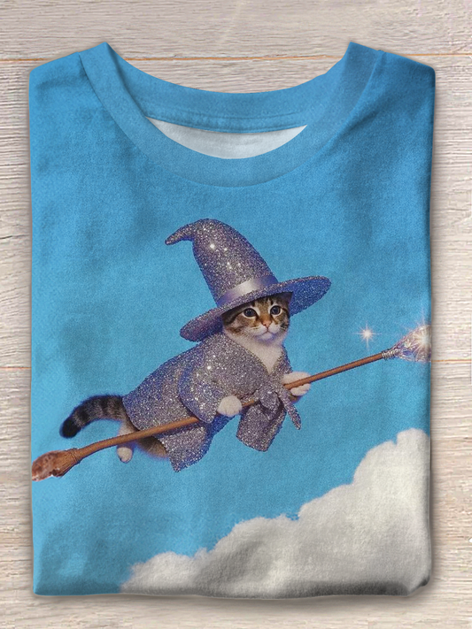 Halloween Witch Cat Art Crew Neck T-shirt
