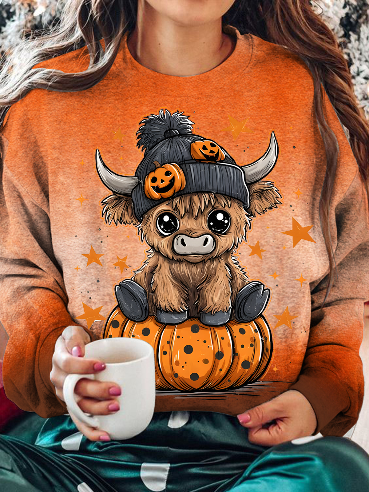 Retro Halloween Highland Cow Printed Long Sleeve Casual Top