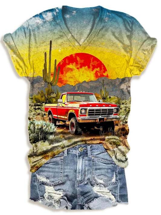 Autumn Western Cowboy Print V-neck T-Shirt