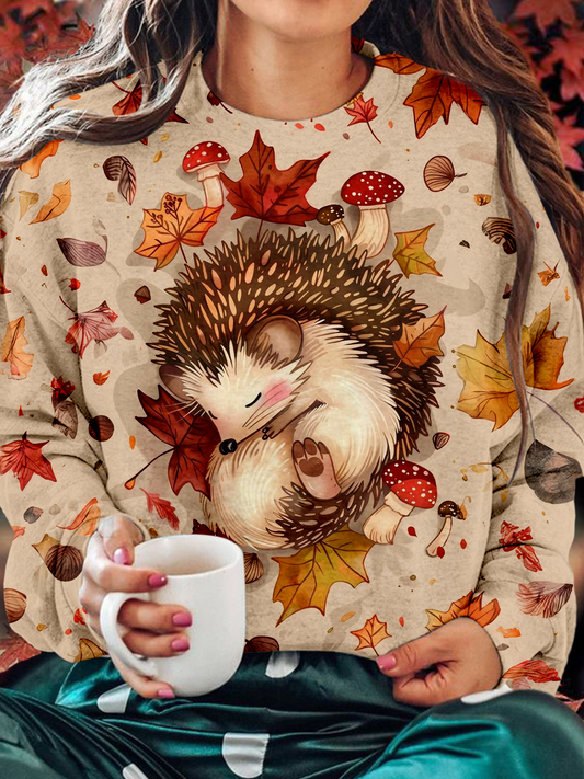 Fun Autumn Hedgehog Printed Long Sleeve Casual Top
