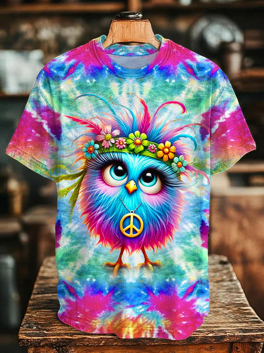 Hippie Bird Print Crew Neck T-shirt