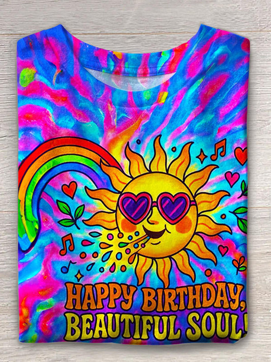 Colorful Sunflower Hippie Print Crew Neck T-shirt