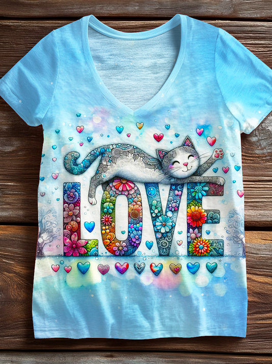 Tie Dye Cute Hippie Cat Love V-neck T-Shirt
