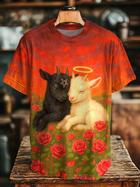 Gothic Sheep Print Crew Neck T-shirt