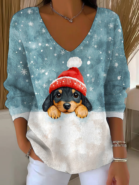 Christmas Dog Casual V Neck Pullover Sweater