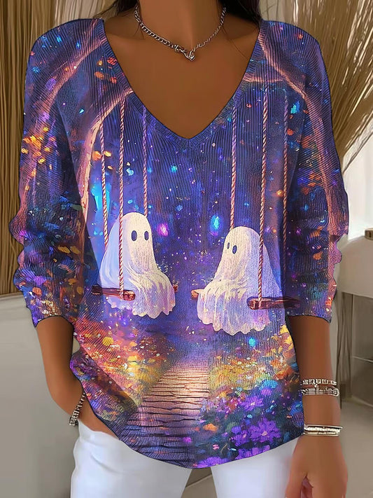 Halloween Swing Ghost Ladies Loose Short Sleeve T-shirt