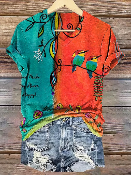 Vintage Colorful Peace Love Birds V-neck T-Shirt