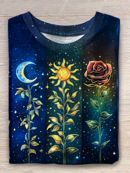 Vintage Hippie Sun Moon Floral Art Cotton Crew Neck T-Shirt