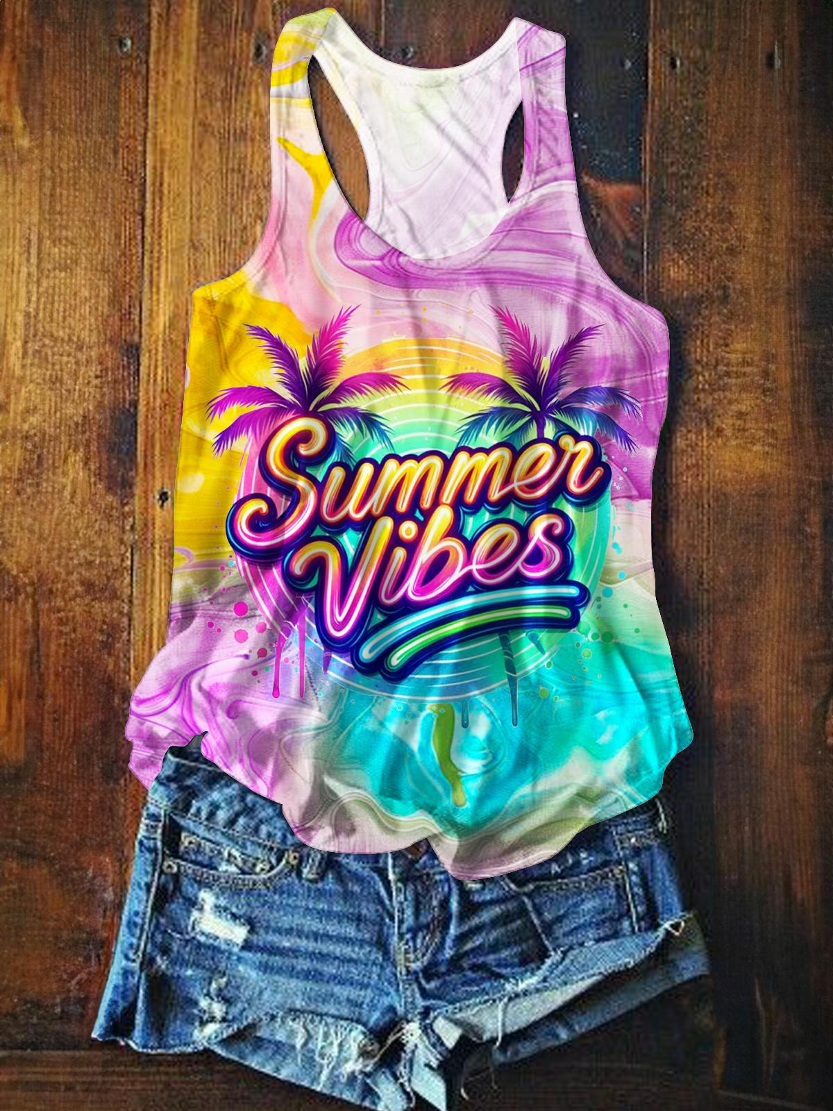 Beach Vacation Print Casual Sleeveless Top