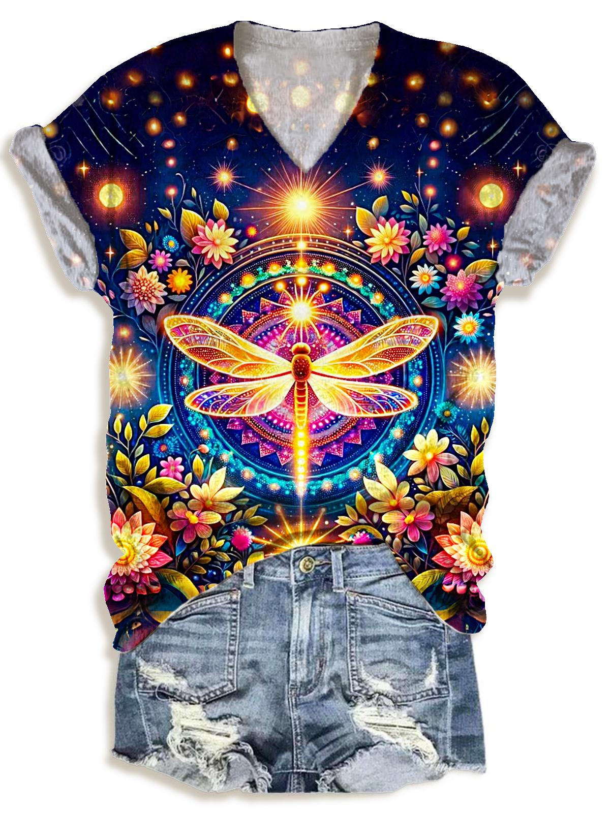 Women's Dragonfly Garden Print V-Neck T-Shirt
