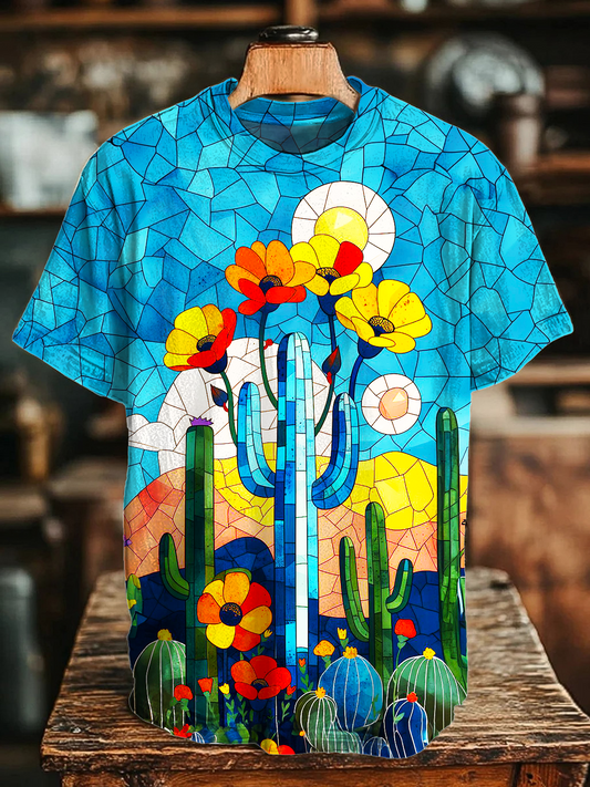 Stained Glass Desert Cactus Art Crew Neck T-shirt