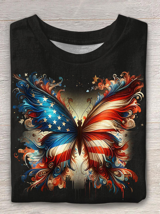 Vintage Independence Day Butterfly Flag Print Crew Neck T-shirt