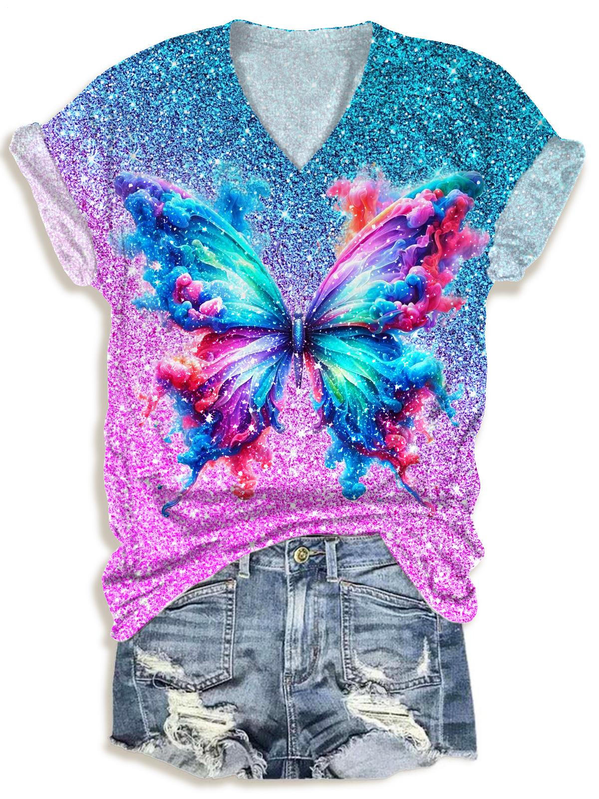 Sequined Colorblock Butterfly Print V-neck T-Shirt