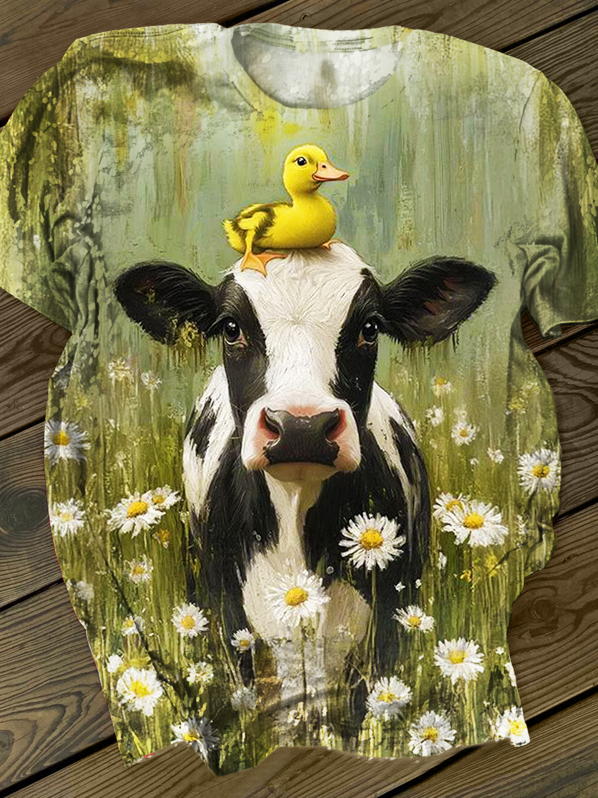 Vintage Western Daisy Highland Cow Art Crew Neck T-shirt