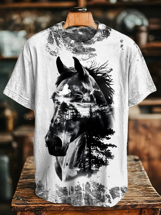 Vintage Distressed Western Horse Art Crew Neck T-shirt