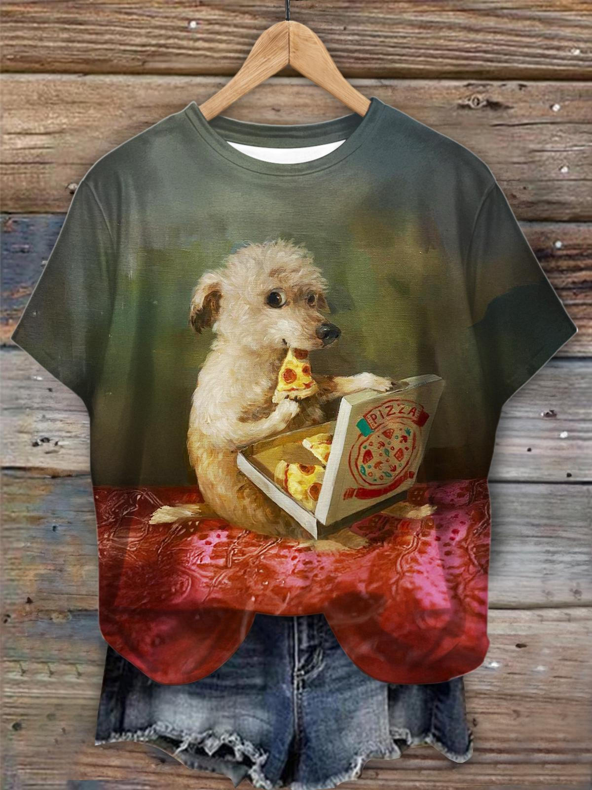 Oil Painting Lamb Print Crew Neck T-shirt