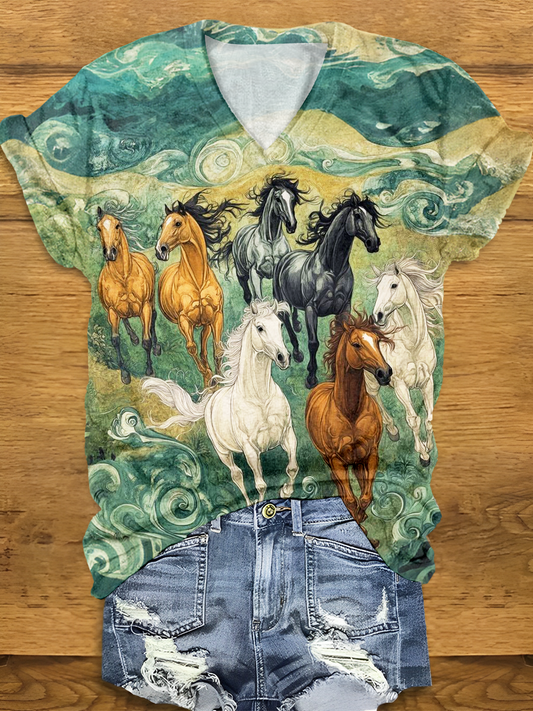 Vintage Western Horse Art V-neck T-Shirt