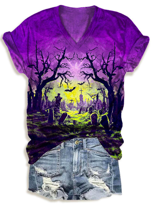 Halloween Print V-neck T-Shirt