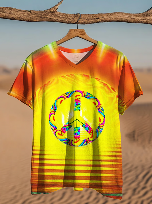 Retro Colorful Sunset Peace Hippie Crew Neck T-shirt