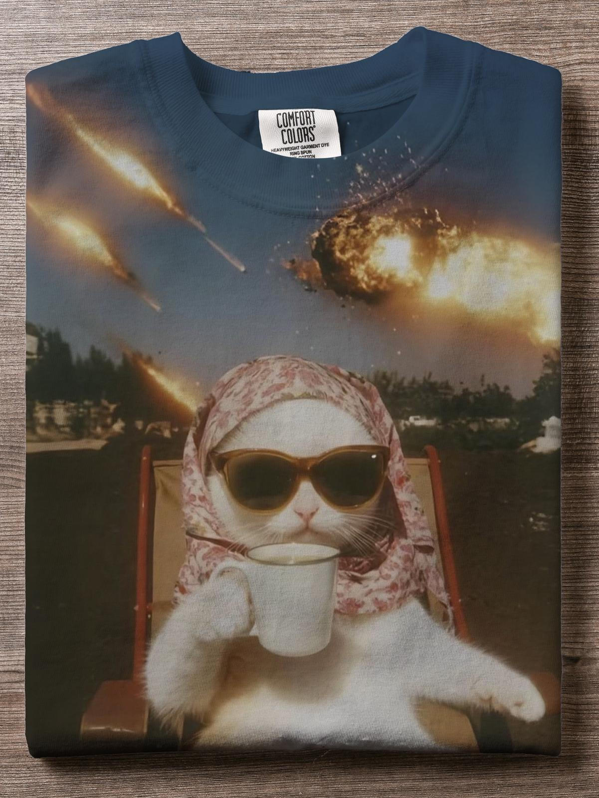 I Don't Care Funny Cat Fire Irony Print Casual T-shirt