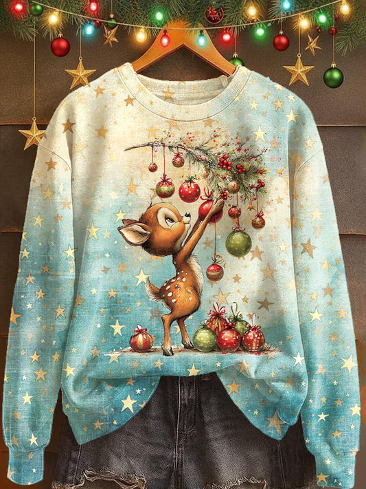 Christmas Retro Deer Printed Long Sleeve Casual Top