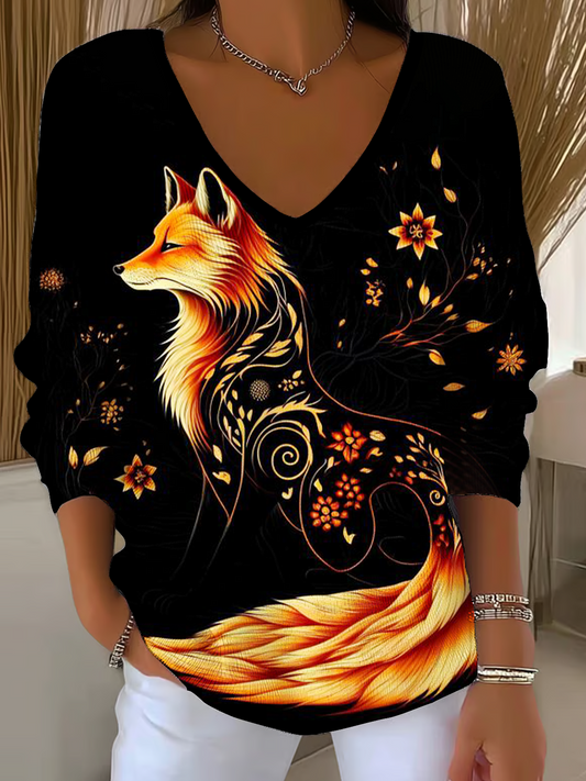 Fall Fox Casual V Neck Pullover Sweater