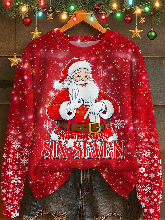 Funny Six Seven Meme Christmas Santa Printed Long Sleeve Casual Top