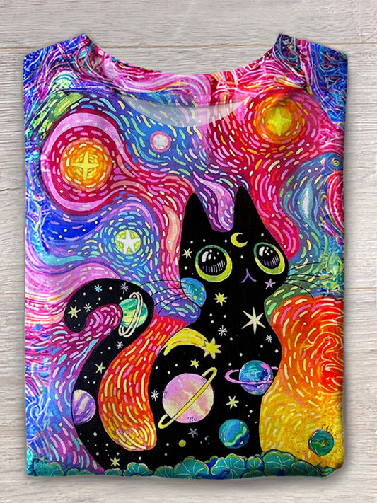 Hippie Cute Cat Print Crew Neck T-shirt