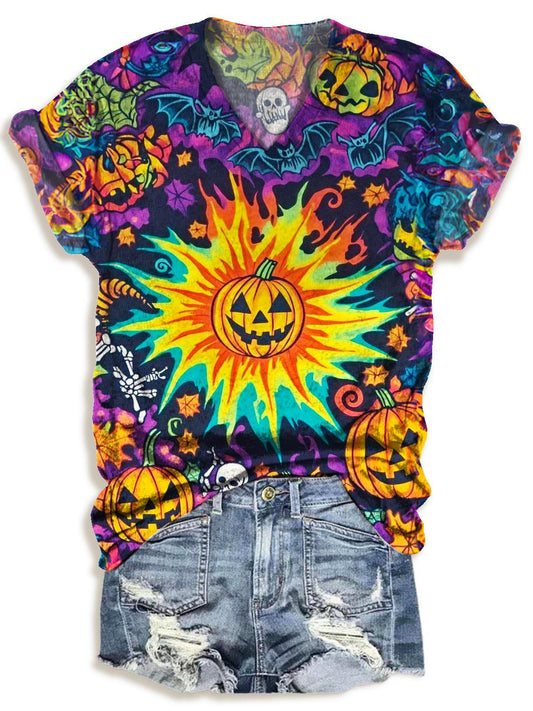 Halloween Pumpkin Print V-neck T-Shirt