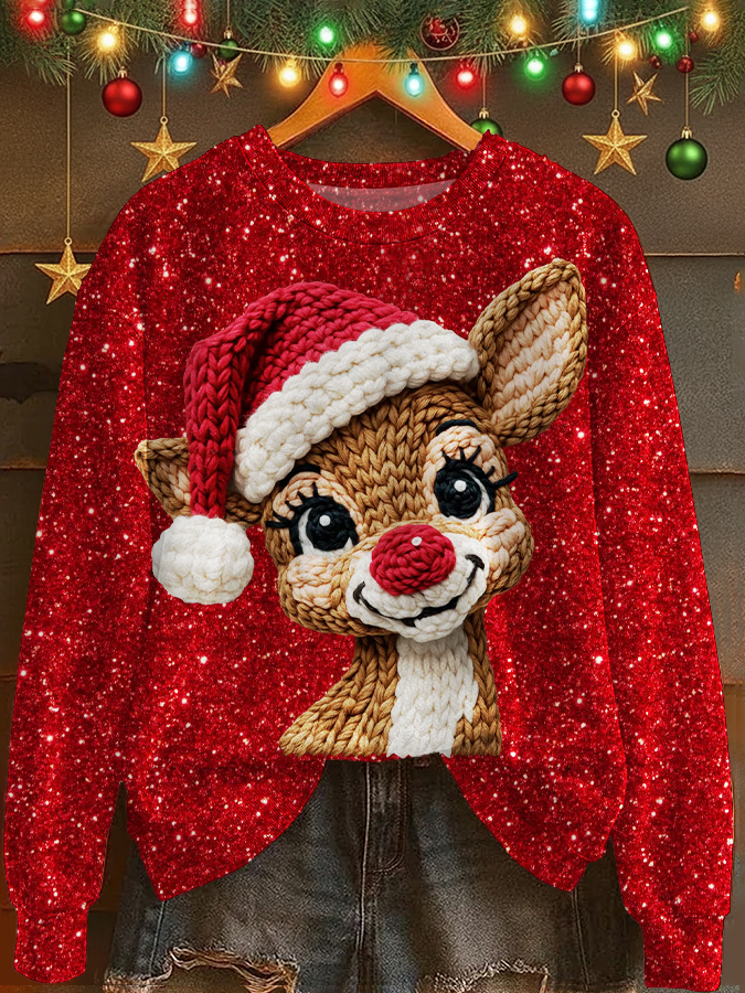 Christmas Reindeer Crochet Printed Long Sleeve Casual Top
