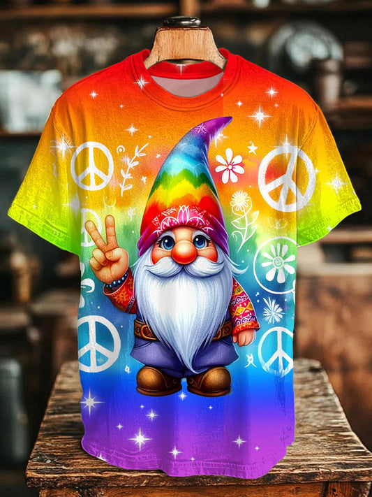 Rainbow Hippie Gnome Print Crew Neck T-shirt