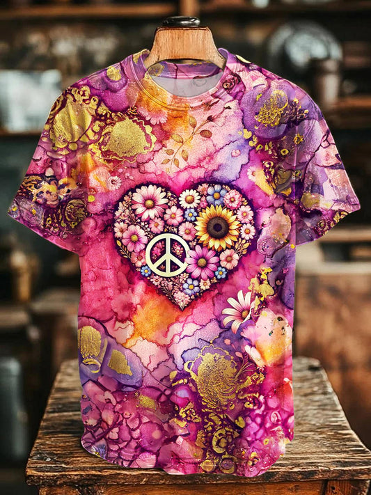 Retro Heart Hippie Print Crew Neck T-shirt