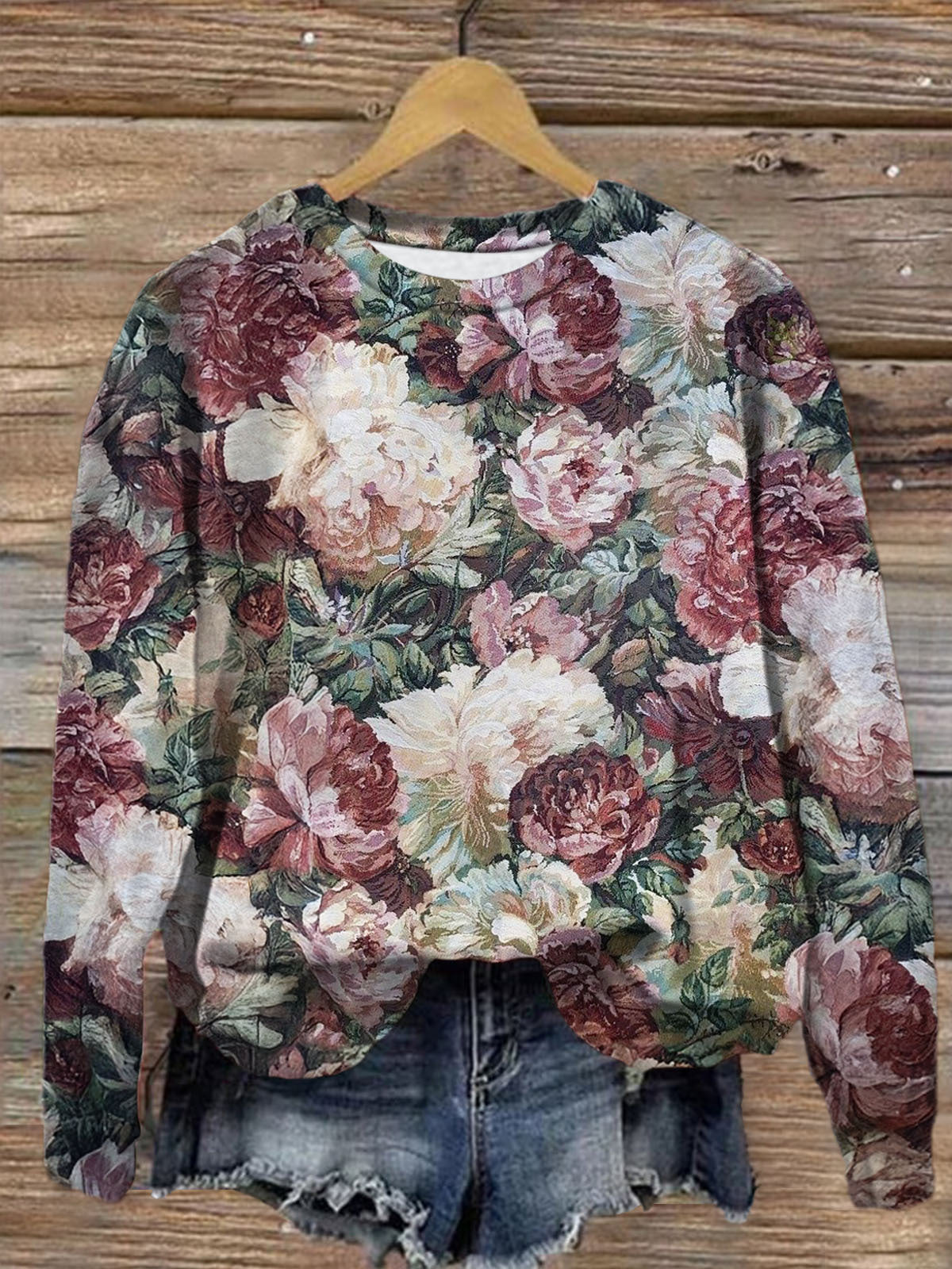 Vintage Floral Illustration Print Long Sleeve Casual Top