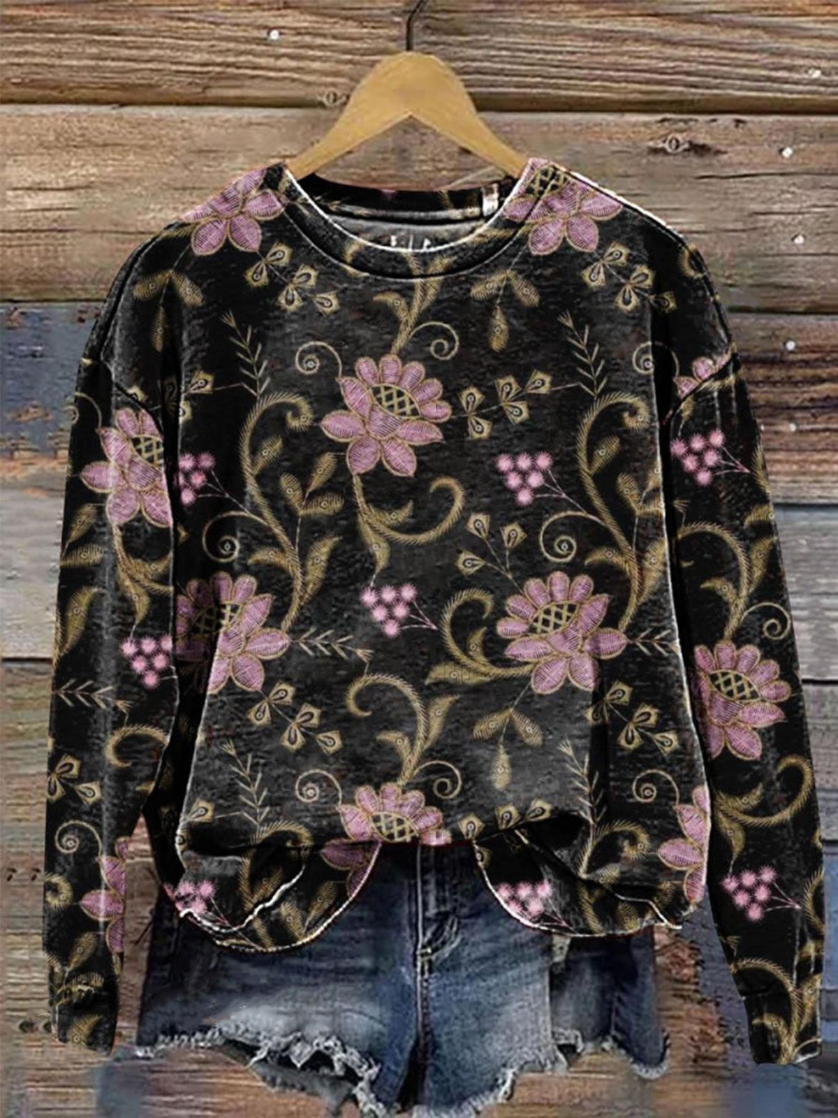 Vintage Floral Art Print Printed Long Sleeve Casual Top